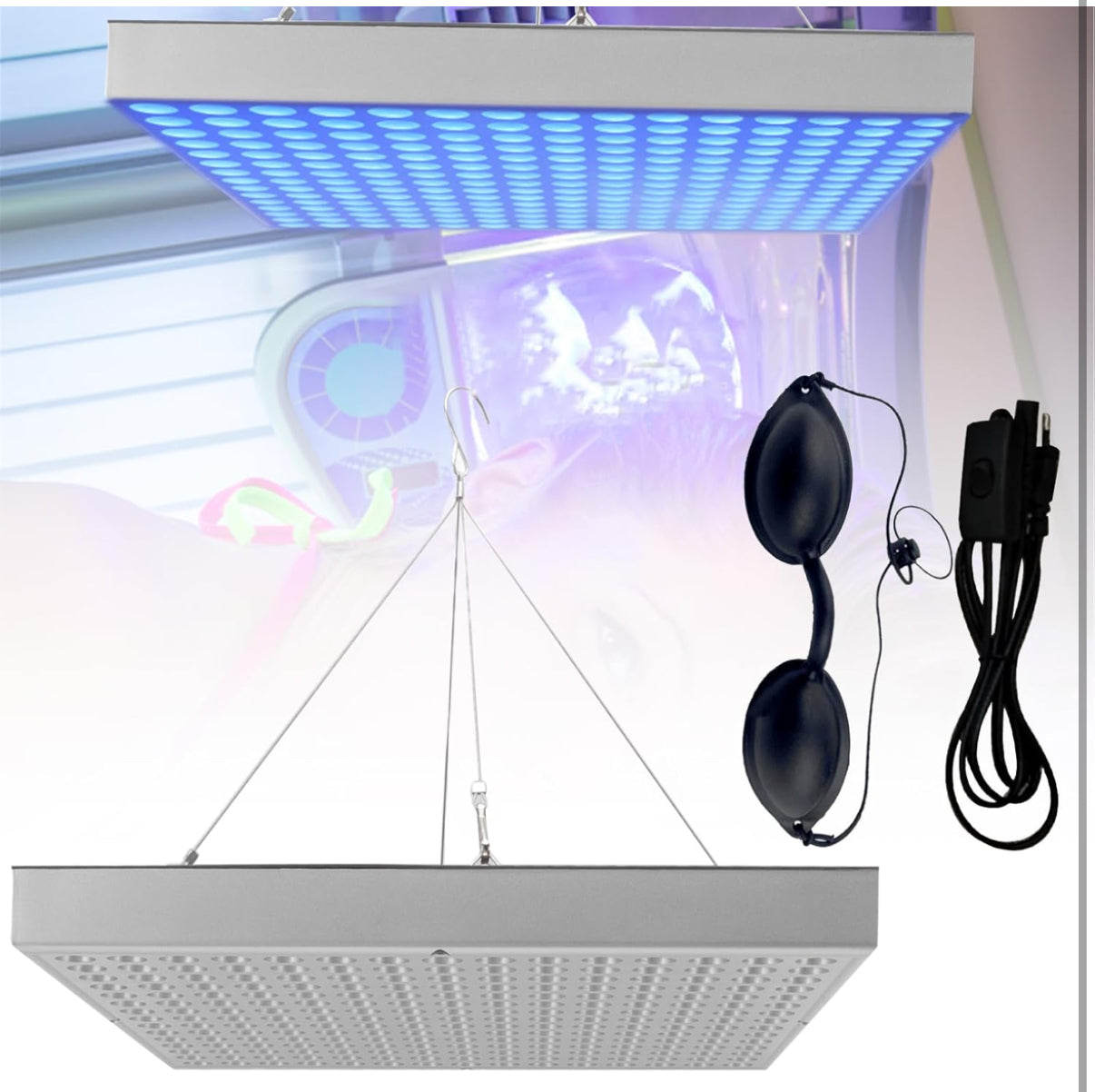 Home Tanning Lamp,Face and Body Sunlamp with Hanging Ring Hook and Blindfold,460nm Full Blue Therapy Lamp LED Skin Tanning Light with 225pcs LEDs 15W,Eye Protection Self Tanning Machine for Face,Body