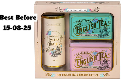 New English Teas Vintage Victorian Tea & Biscuits Gift Set with 80 Fine English Teabags, 2 Tea Caddies and Luxury Cornish Biscuits  Tea BBE 08-2027 Biscuits BBE 15-08-25 RRP £25 Sale price £14.99