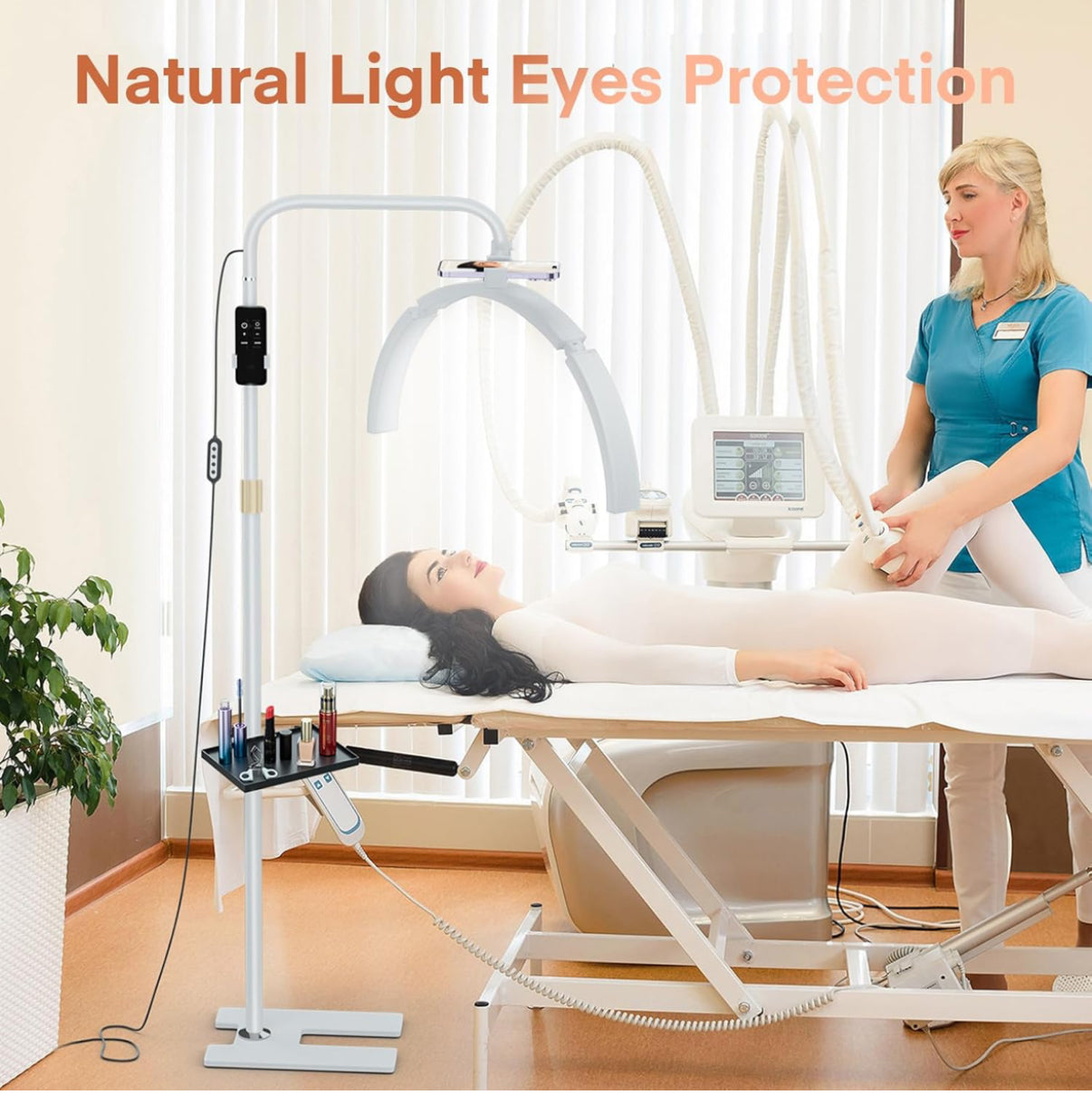 Lmaqfum Half Moon Lamp Eyelash LED Floor Lamp, 29'' Foldable Half Moon Light for Lash Extension,Lash Lamp, Esthetician Light with Phone Holder & Stand Tray, Lash Light for Eyelash Tech, Tattoo