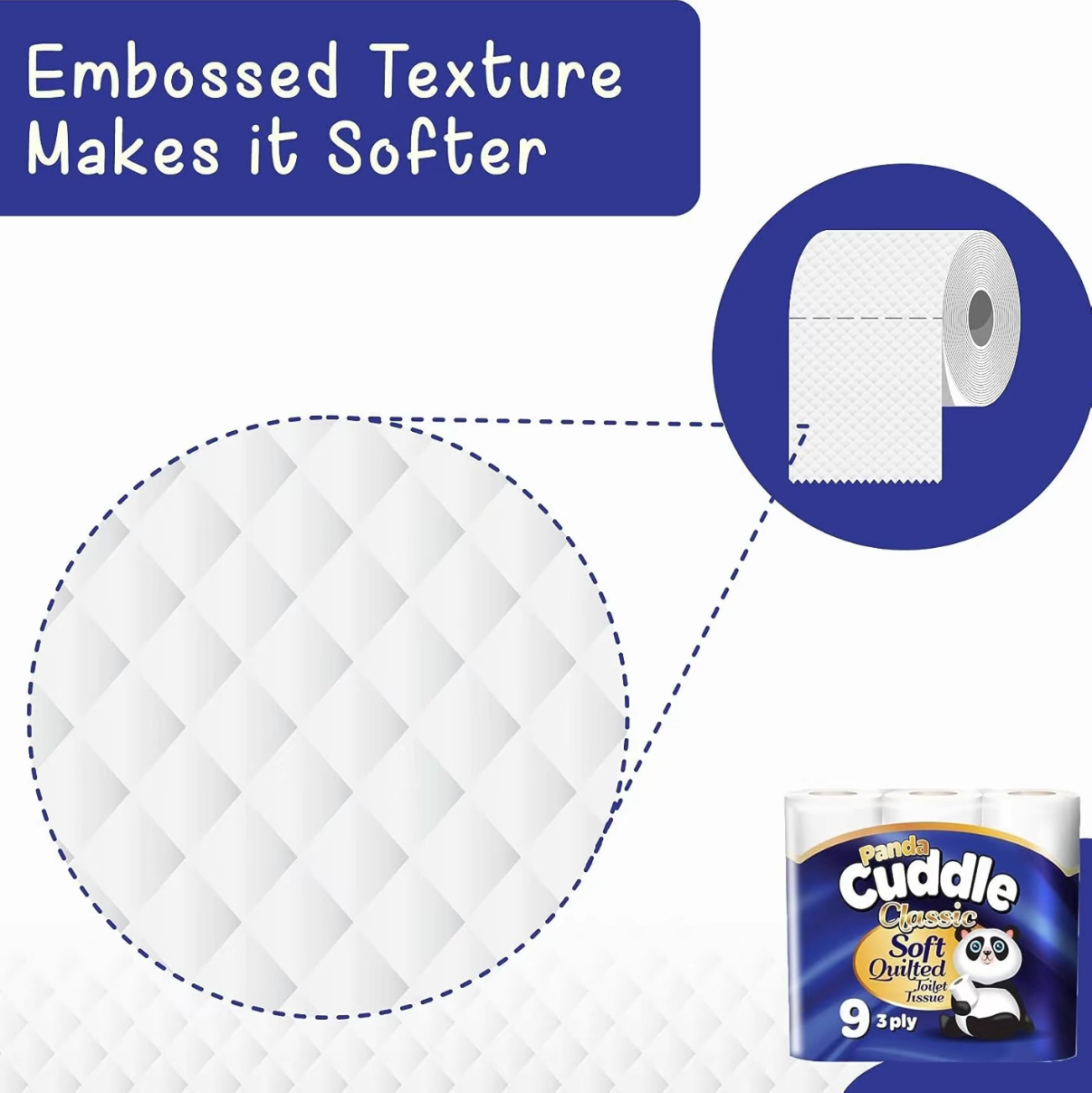 Panda Cuddle 3-Ply Soft Quilted Unscented Toilet Rolls - Unscented Toilet Rolls - Premium Bathroom Toilet Rolls for Luxurious Comfort and Hygiene (Packs of 9) 64 packs on a pallet