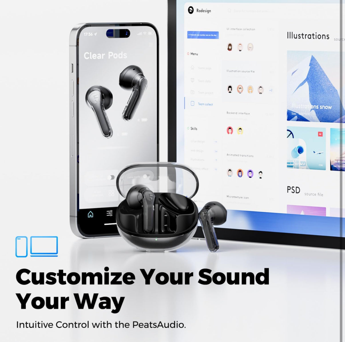 SoundPEATS Clear Pods In Ear Earphones Bluetooth 5.3, True Wireless Earbuds 40 Hours Playtime with Microphones Deep Bass, APP Control
