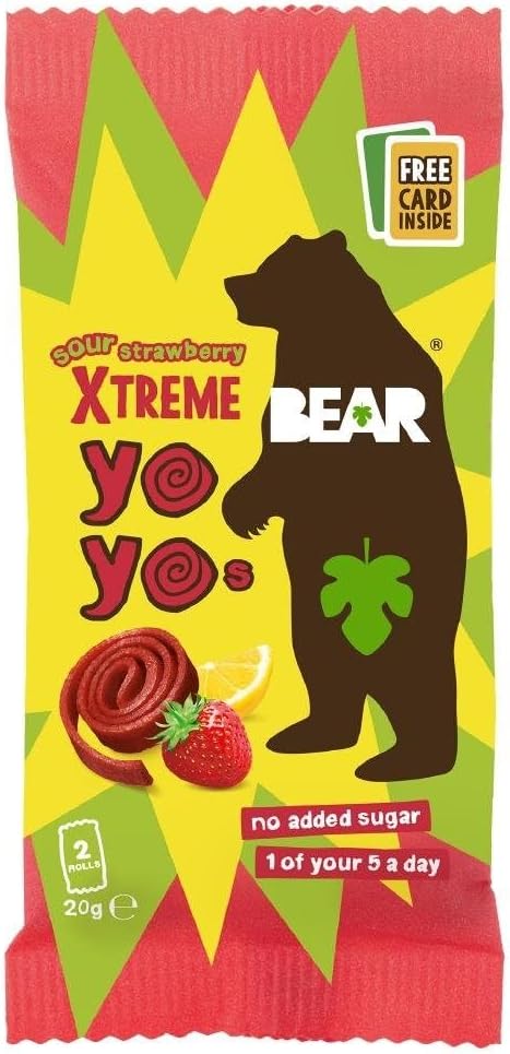 18X20g BEAR Super Sour Strawberry & Apple Yoyos - Dried Fruit Rolls - Healthy - Vegan no added sugar   BBE 01-26 RRP £19.99 Sale price £8.99