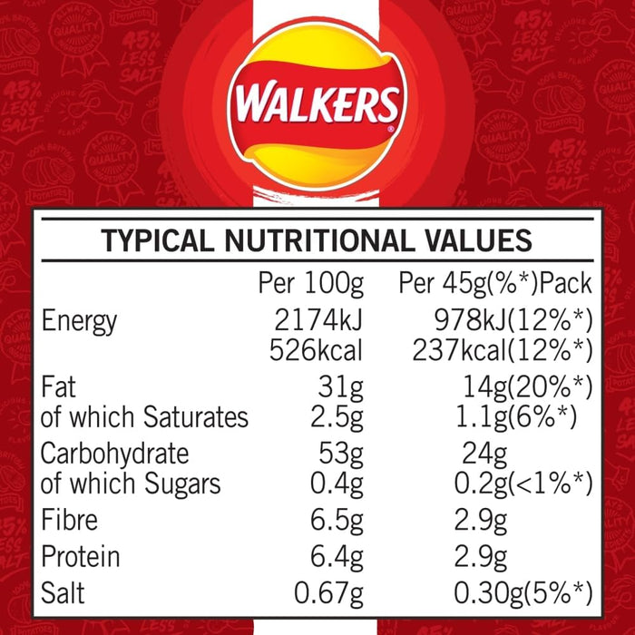 32X45g Walkers Less Salt Lightly Salted Crisps  BBE 11-10-25 RRP £32 SALE PRICE £16.99