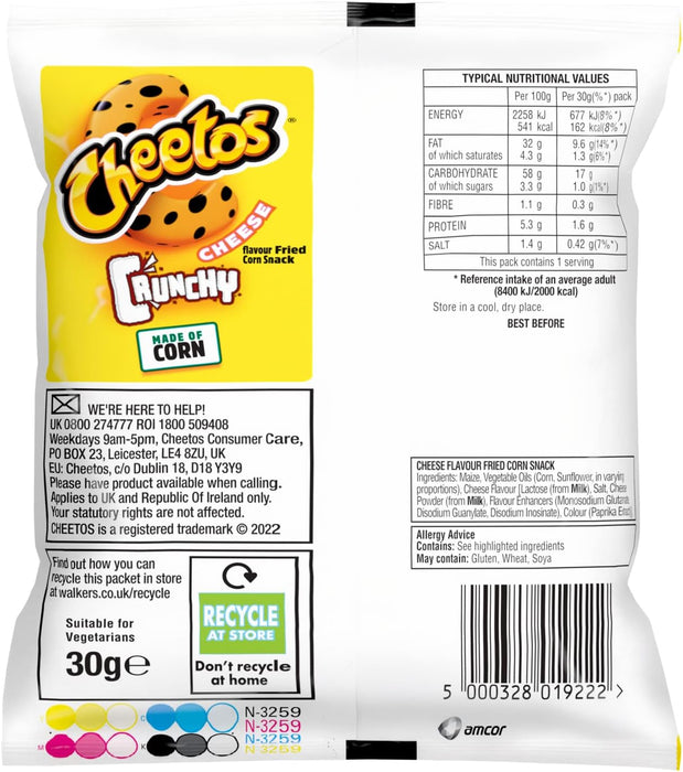 30X30g Cheetos Crunchy Crisps Cheese Corn Snacks   BBE 07-09-25 RRP £23 Sale £10.99