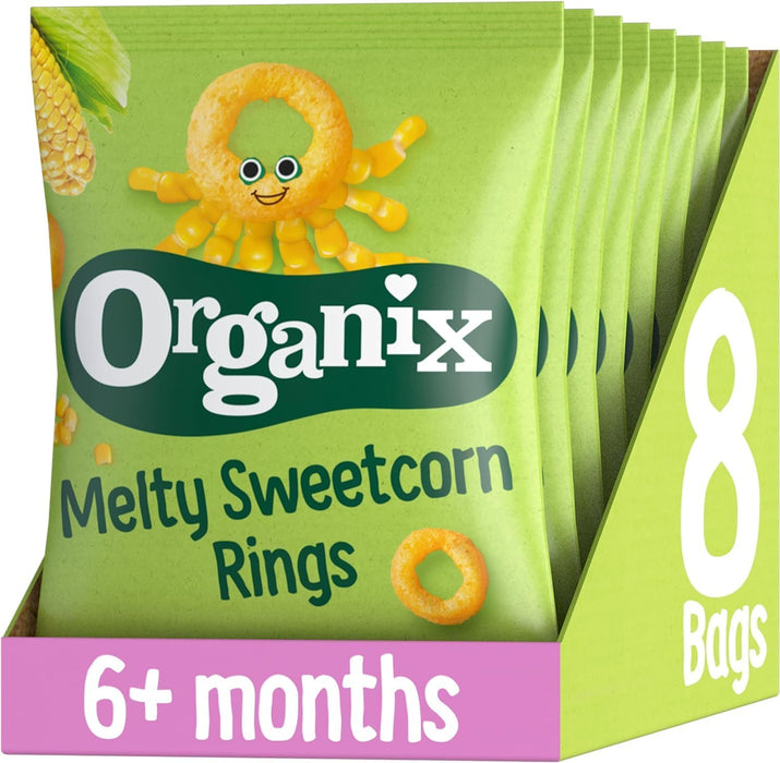 8x20g Organix Melty Sweetcorn Rings, Organic Baby Snack, Finger Food  bbe 02-11-25 rrp £4.99 sale price £5.99