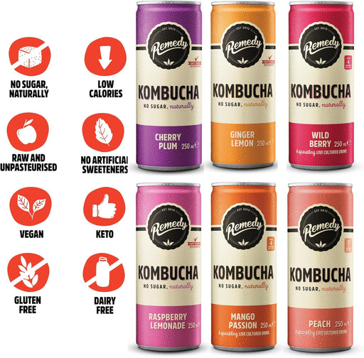 24 x 250ml Remedy Kombucha Tea - Rainbow Mixed Pack - Sparkling Live  BBE 05-10-25 RRP £50 Sale Price £19.99