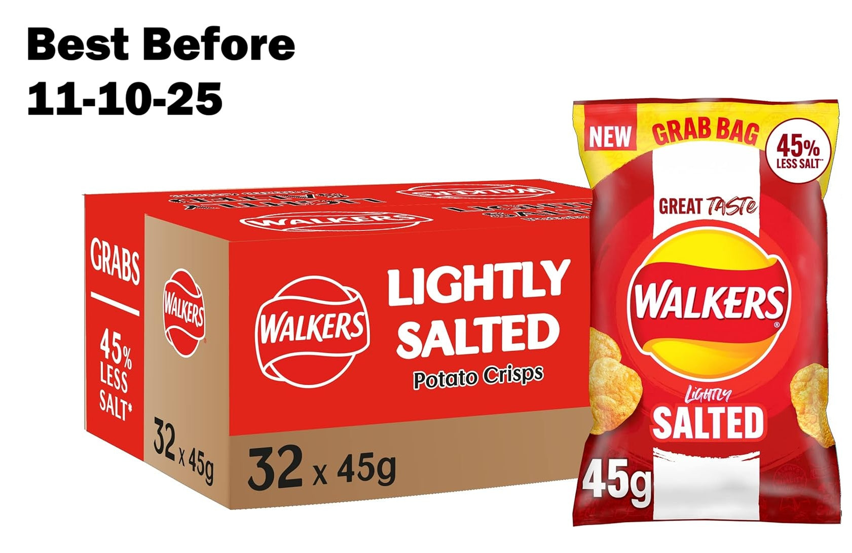32X45g Walkers Less Salt Lightly Salted Crisps  BBE 11-10-25 RRP £32 SALE PRICE £16.99