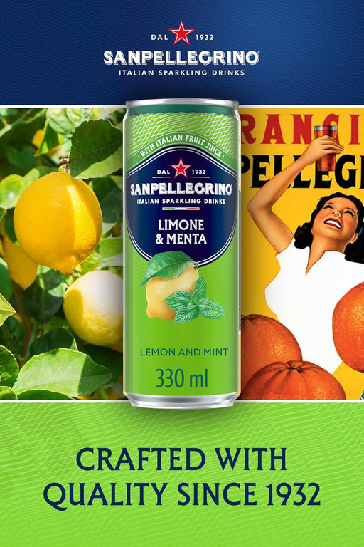 24 x 330ml San Pellegrino Italian Tastefully Light Sparkling Lemon & Mint Canned Soft Drink  74 kCals per Can  BBE 02-26 RRP £25 Sale price £17.99 free shipping