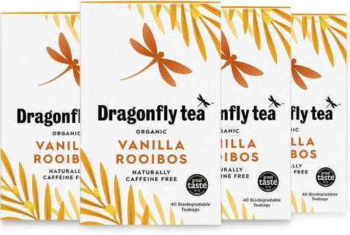 4 x 40 Dragonfly Organic Vanilla Rooibos Tea Bags, (160 Teabags) Herbal Tea Bags, Caffeine-Free, Redbush Teabags, Biodegradable, Red Bush  BBE 5-25 RRP £12 Sale price £5.99