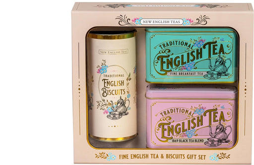 New English Teas Vintage Victorian Tea & Biscuits Gift Set with 80 Fine English Teabags, 2 Tea Caddies and Luxury Cornish Biscuits  Tea BBE 08-2027 Biscuits BBE 15-08-25 RRP £25 Sale price £14.99