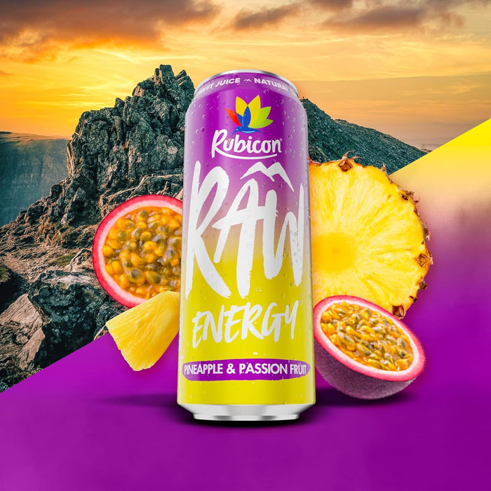 12X500ml Rubicon RAW Pineapple Passion Energy Drink, 20% Real Fruit Juice, High caffeine with B-Vitamins, Ginseng & Guarana, No Artificial Colours or Flavours, Reduce Tiredness Boost Energy  BBE 09-25 RRP £15 Sale price £6.99