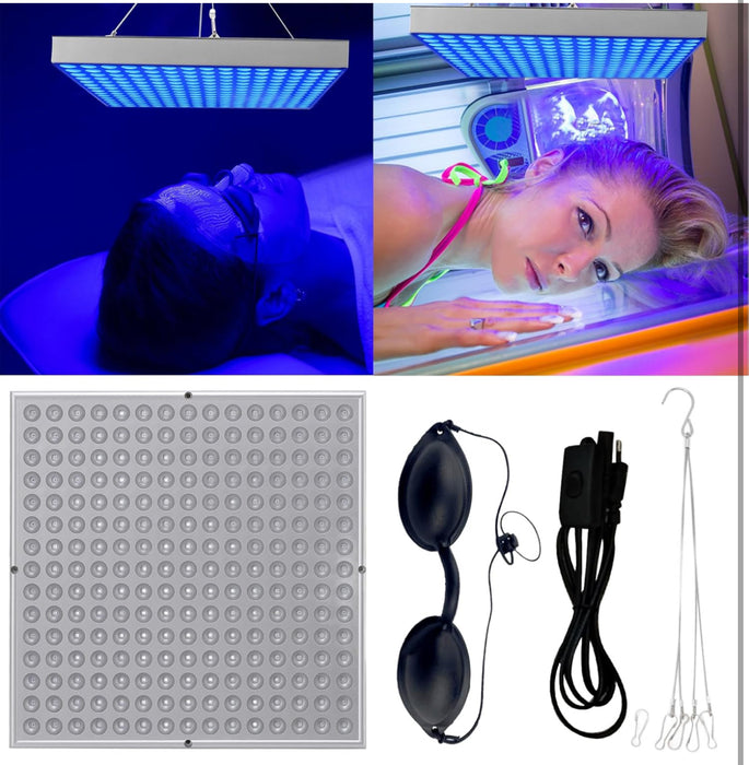 Home Tanning Lamp,Face and Body Sunlamp with Hanging Ring Hook and Blindfold,460nm Full Blue Therapy Lamp LED Skin Tanning Light with 225pcs LEDs 15W,Eye Protection Self Tanning Machine for Face,Body
