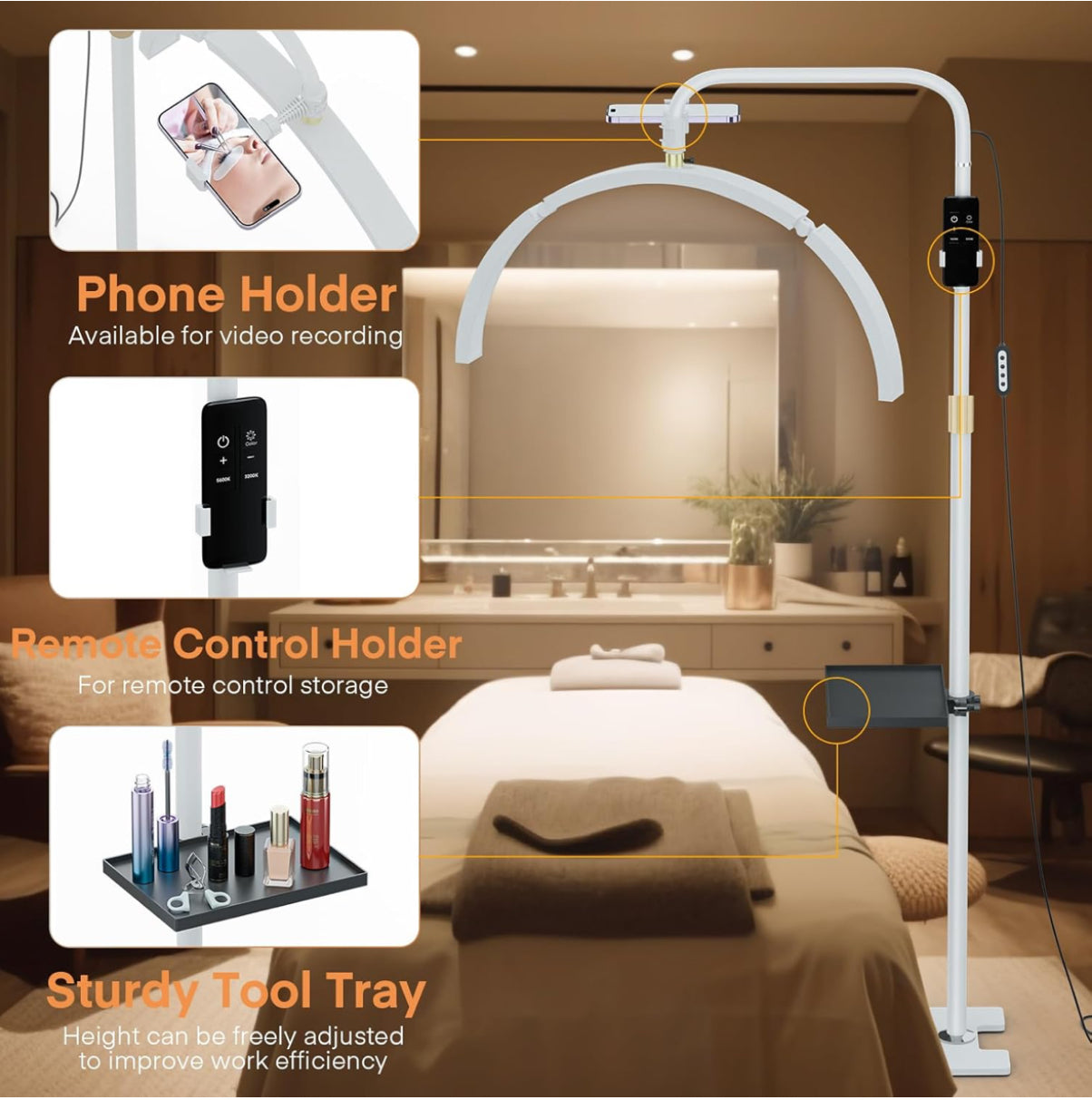 Lmaqfum Half Moon Lamp Eyelash LED Floor Lamp, 29'' Foldable Half Moon Light for Lash Extension,Lash Lamp, Esthetician Light with Phone Holder & Stand Tray, Lash Light for Eyelash Tech, Tattoo