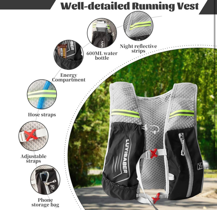 Aedcbaide Running Vest Hydration Backpack, Reflective Hydration Vest Running Men with 600ml Water Bottle, Lightweight Running Bag for Women Mens Outdoor Cycling Marathon Trail Race Hiking Climbing