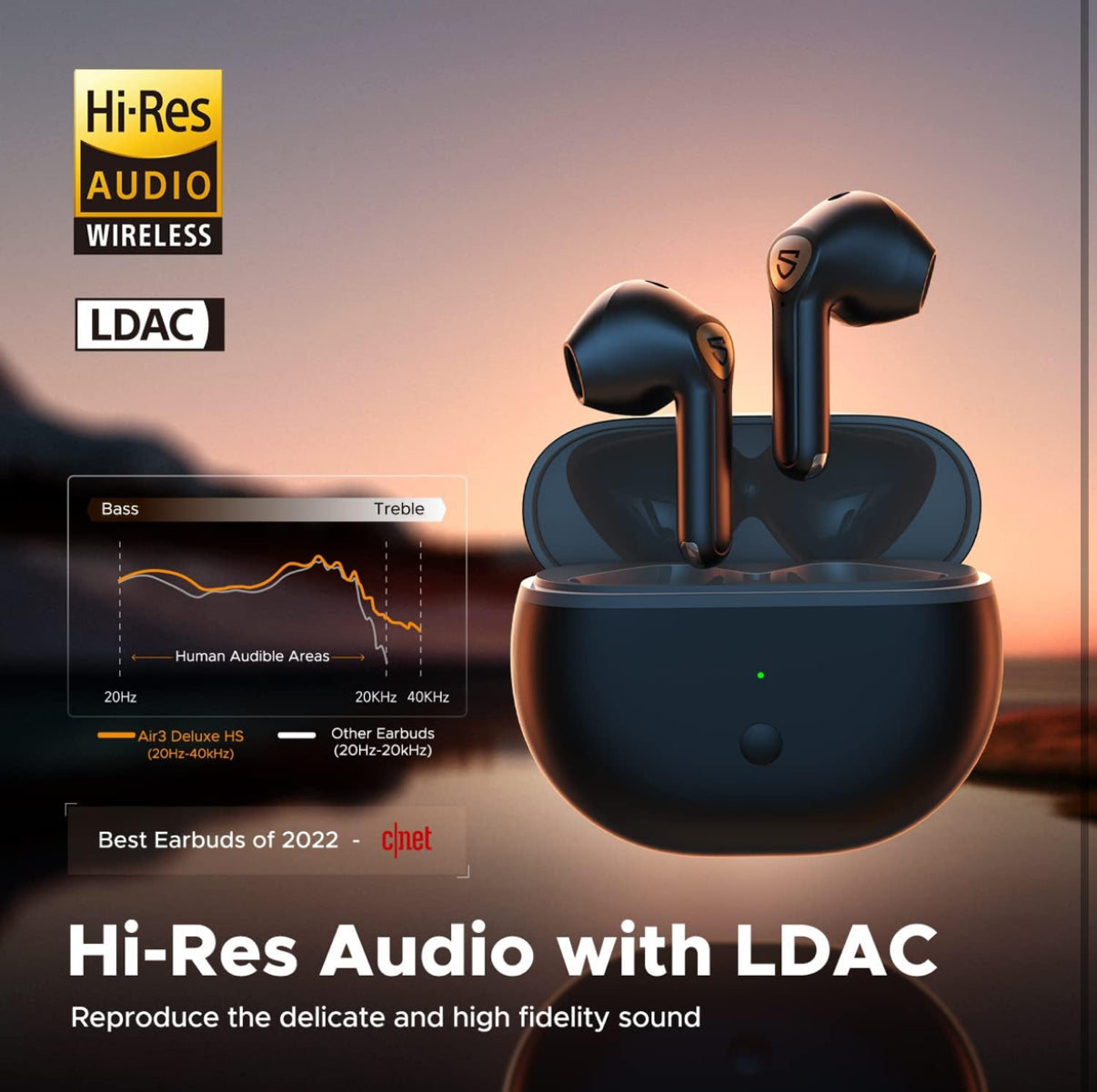 SoundPEATS Air3 Deluxe HS True Wireless Earbuds Hi-Res Audio, Semi in-Ear Bluetooth 5.3 Earphones with LDAC In-ear Detection, ENC Clear Call, Total 20H Playtime, APP Contro