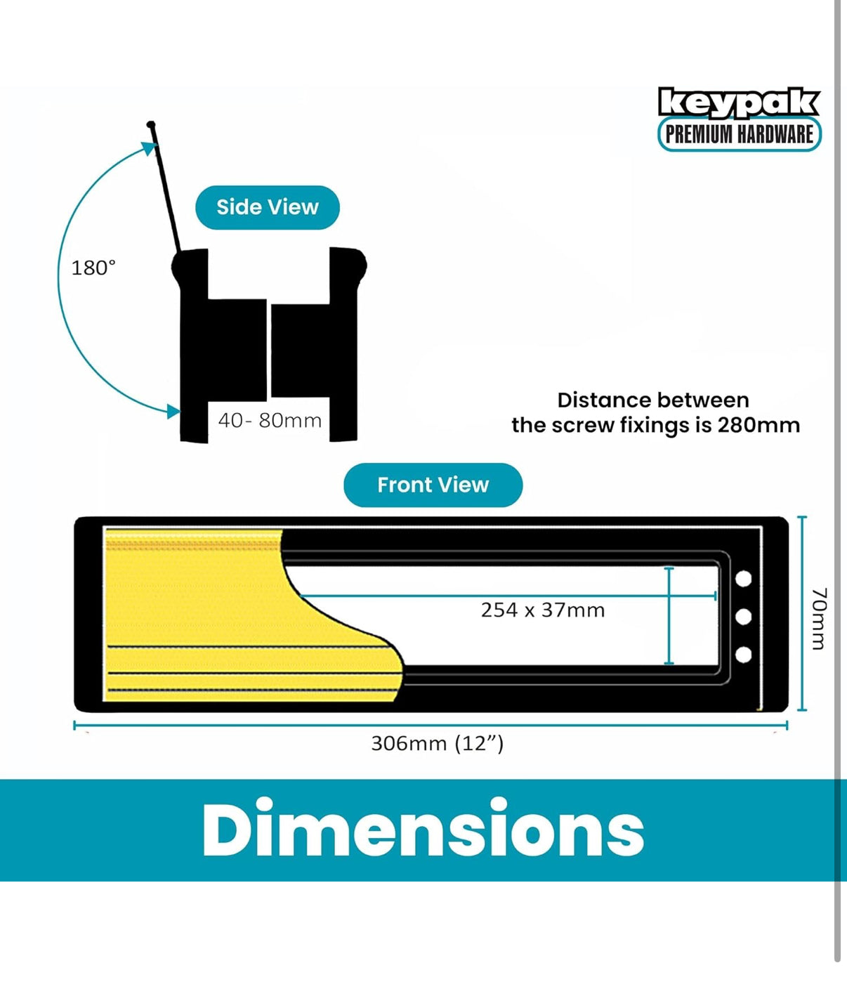 Keypak 12 inch (30.6cm) Door Letterbox - Fits 40-80mm Doors, Anti-Snap Flap, Internal Draught Excluder, Adjustable Letter Box for UPVC Composite Wood Doors (Silver/Polished Silver)