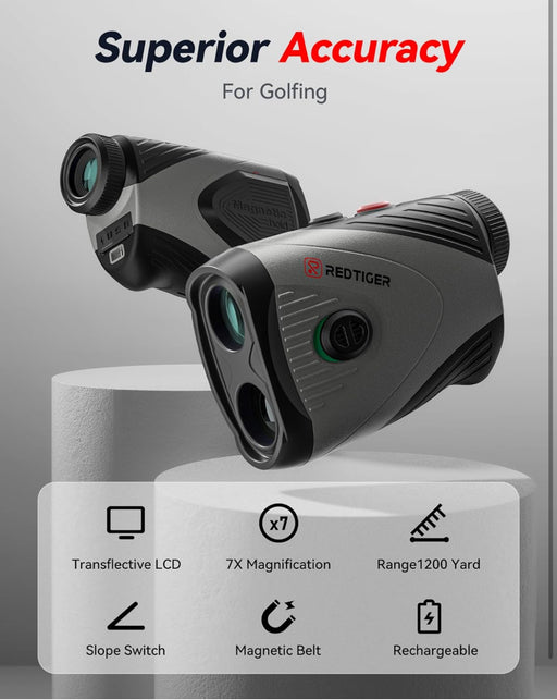REDTIGER Golf Rangefinder with Slope On/Off, 1200 Yards, 7X Magnification, Laser Range Finder for Golf, Flag Pole Lock with Vibration, Rechargeable, Magnetic Suction