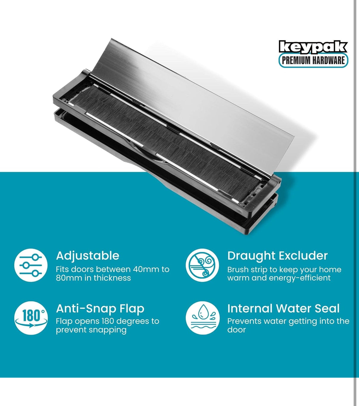 Keypak 12 inch (30.6cm) Door Letterbox - Fits 40-80mm Doors, Anti-Snap Flap, Internal Draught Excluder, Adjustable Letter Box for UPVC Composite Wood Doors (Silver/Polished Silver)