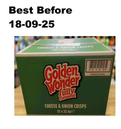 32X32.5g Golden Wonder Cheese And Onion Crisps Full Box   BBE 18-09-25 RRP £22 Sale price £11.99