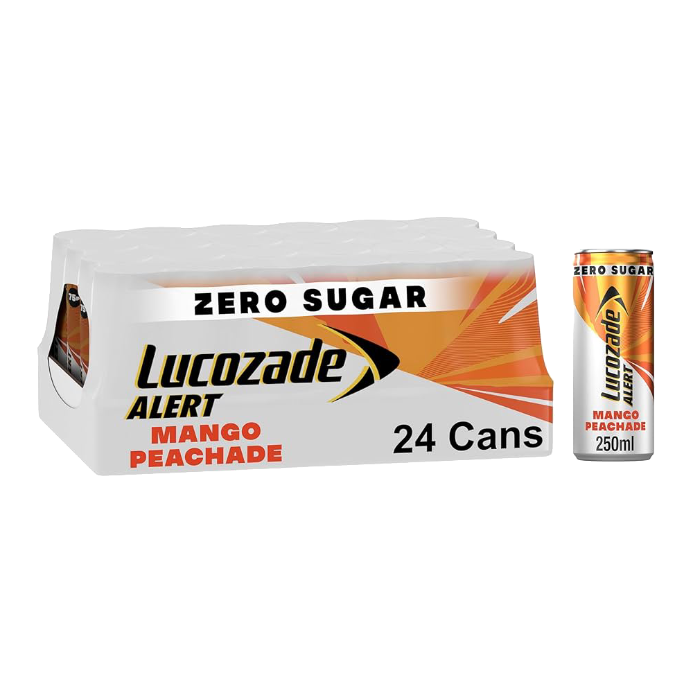 Lucozade Alert Energy Drink Zero Sugar Mango Peachade (24x250ml)