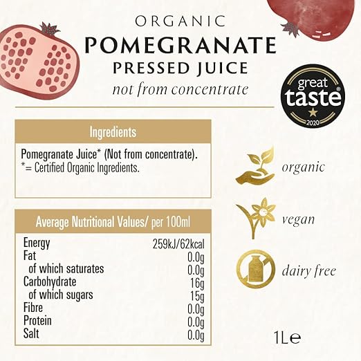 2 X Biona Organic Pomegranate Juice 1L, Pack of 2- Pure, Pressed Fruit Juice - Freshly Harvested by Organic Farmers - Vegan Drinks for just £7.99