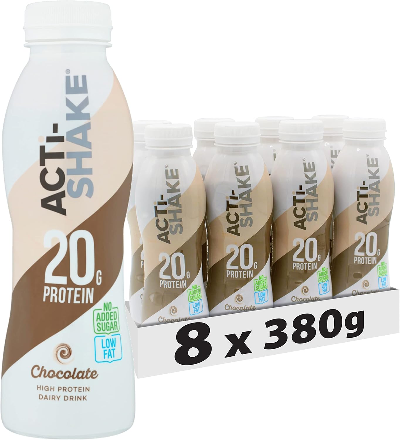 3 packs X 8 bottles Acti-Shake Chocolate High Protein Dairy Drink 380g (Pack of 8) - 20g of Protein per bottle- Ready to Drink - Low Fat and No Added Sugars - 198 kcal BBE 04-25 for just £9.99