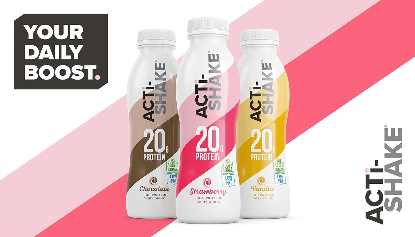 3 packs X 8 bottles Acti-Shake Chocolate High Protein Dairy Drink 380g (Pack of 8) - 20g of Protein per bottle- Ready to Drink - Low Fat and No Added Sugars - 198 kcal BBE 04-25 for just £9.99