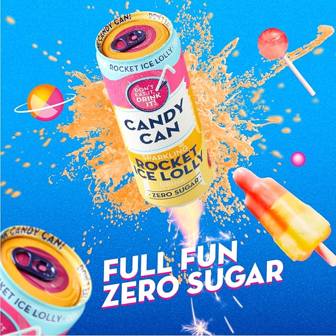 12 X 330ml Candy Can, Rocket Ice Lolly, Fizzy Drink, Nostalgic American Soda Flavours, Sugar Free, Sparkling Pop Cans in just £5.99 BBE April 25