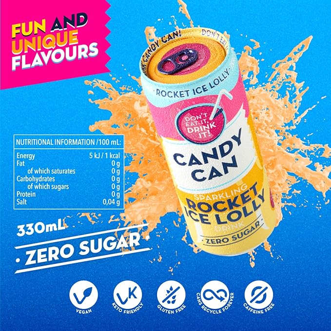 12 X 330ml Candy Can, Rocket Ice Lolly, Fizzy Drink, Nostalgic American Soda Flavours, Sugar Free, Sparkling Pop Cans in just £5.99 BBE April 25