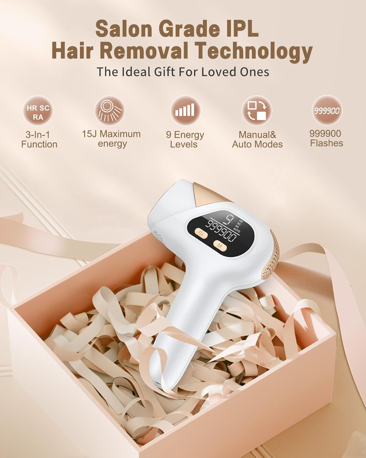 Glattol IPL Laser Hair Removal - 3-in-1 Long Lasting, Effective Hair Removal Device with 9 Levels and 999,900 Light Pulses, 2 Flash Modes for at-Home Full Body Treatment, for Women and Men