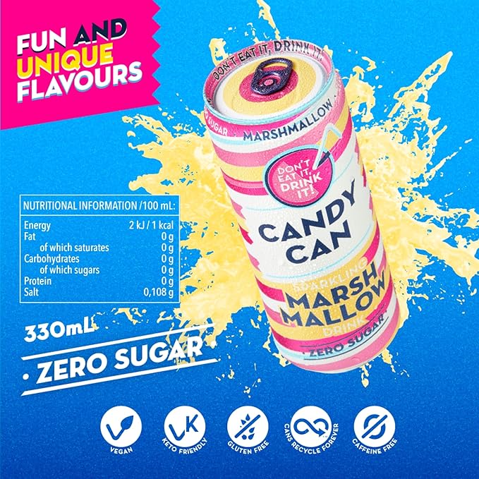 12 X 330ml Candy Can Sparkling Soda, Marshmallow Flavour, Sugar-Free and Gluten-Free in just £4.99 BBE April 25