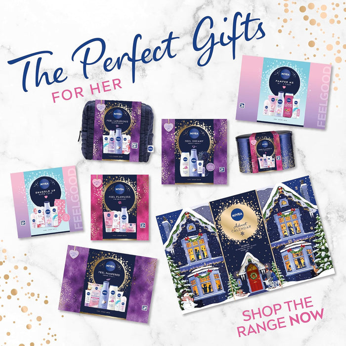 NIVEA Feel Luxurious Gift Set (4 Products), Women's Gift Set with Beauty Products, Includes Micellar Water, Body Lotion, Face Mask, Moisturising Cream + Cosmetic Bag