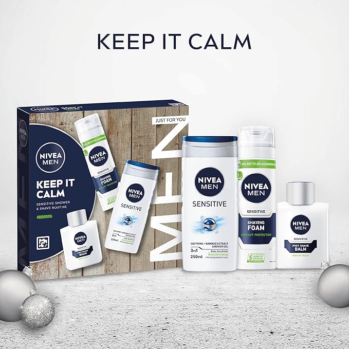 NIVEA MEN Keep It Calm Gift Set (3 Products), Men's Skincare Gift Set for Sensitive Skin with Shower Gel, Shaving Foam, and Post Shave Balm