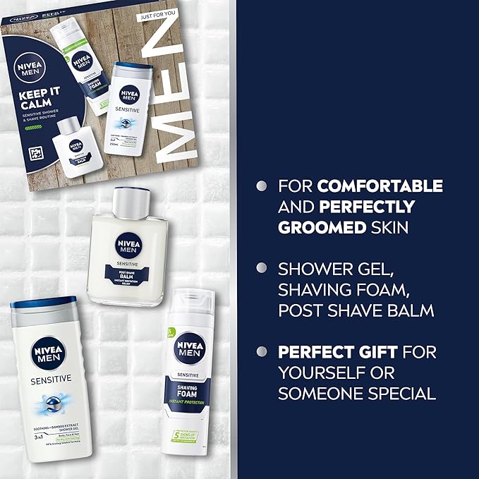 NIVEA MEN Keep It Calm Gift Set (3 Products), Men's Skincare Gift Set for Sensitive Skin with Shower Gel, Shaving Foam, and Post Shave Balm