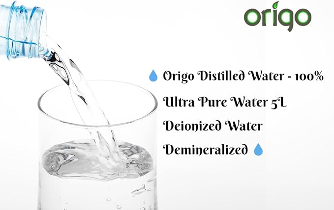 Origo Distilled Water - 100% Ultra Pure Water 5L | Advanced Purification Technology, Ultra Pure Water for Laboratory, Battery, Steam Iron, and General Everyday Use!