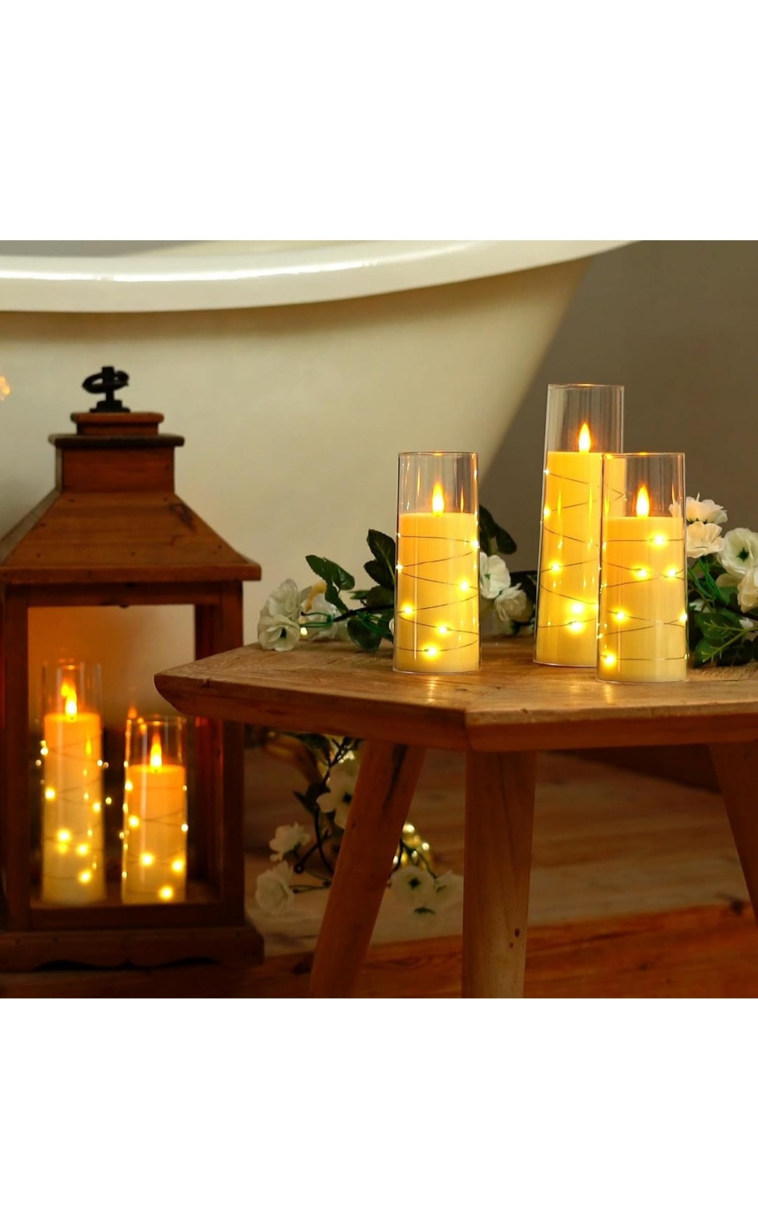 Homemory Flickering Flameless Candles with String Lights, Battery Operated Candles with Remote Control and Timer, Embedded Fairy Lights LED Candles, Acrylic, Home Decoration, Grey, Set of 5