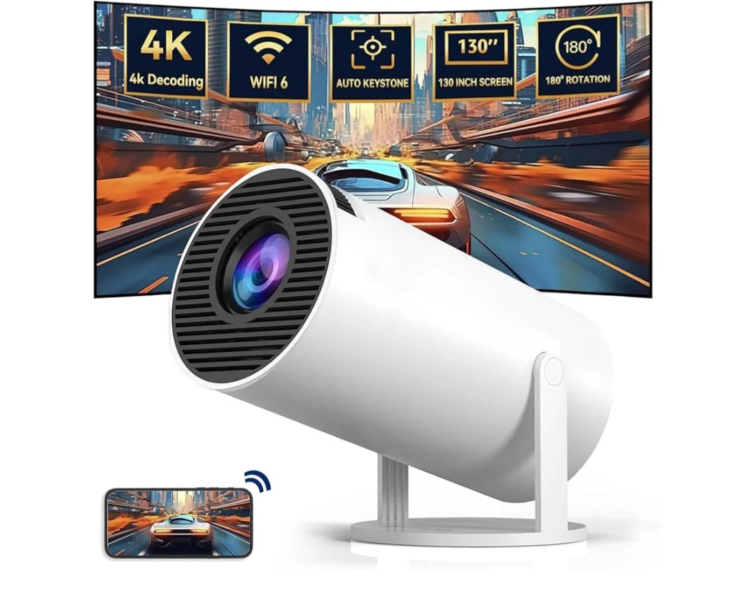 Mini Projector Portable 4K - Video Projector Smart 200 ANSI with WiFi 6, BT 5.0, 130 Power Supply, Video Projector 180 Degree Reverse Outdoor Movie Projector, Automatic Keystone