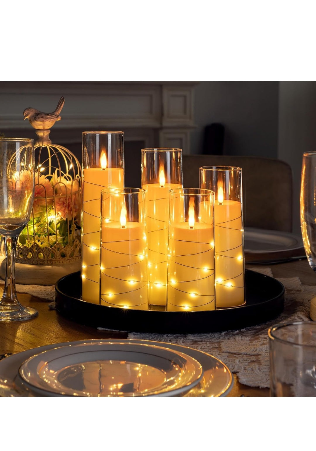 Homemory Flickering Flameless Candles with String Lights, Battery Operated Candles with Remote Control and Timer, Embedded Fairy Lights LED Candles, Acrylic, Home Decoration, Grey, Set of 5