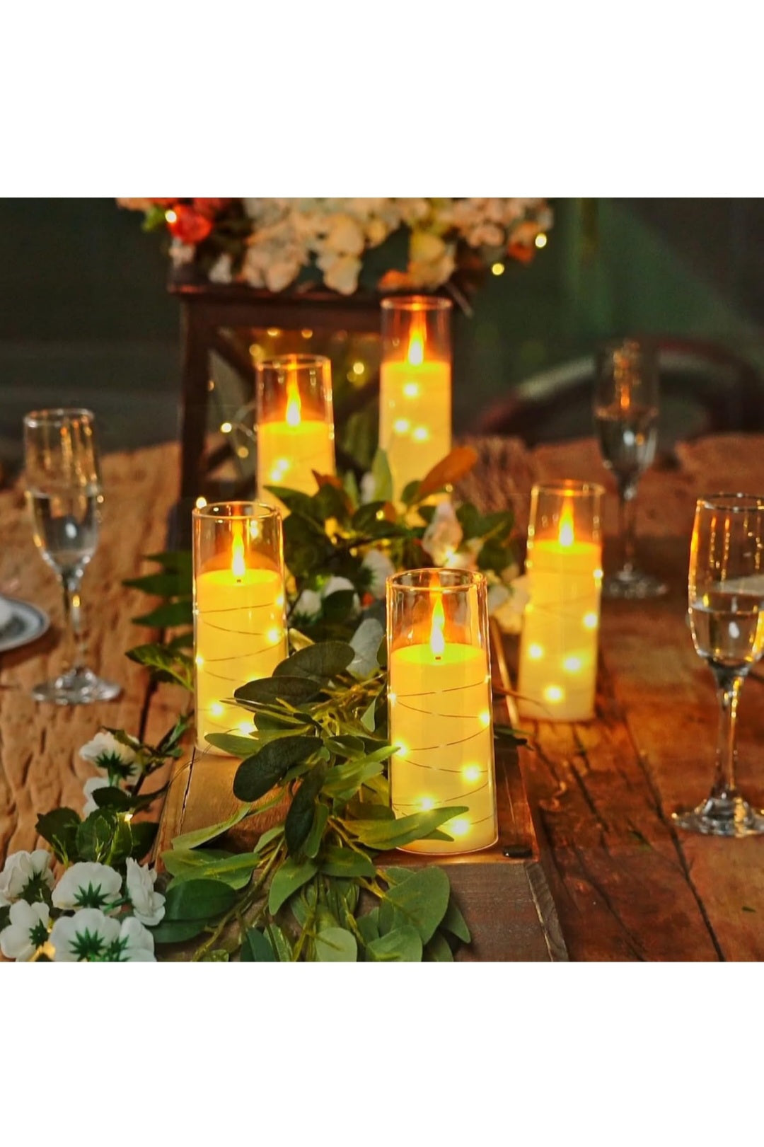 Homemory Flickering Flameless Candles with String Lights, Battery Operated Candles with Remote Control and Timer, Embedded Fairy Lights LED Candles, Acrylic, Home Decoration, Grey, Set of 5