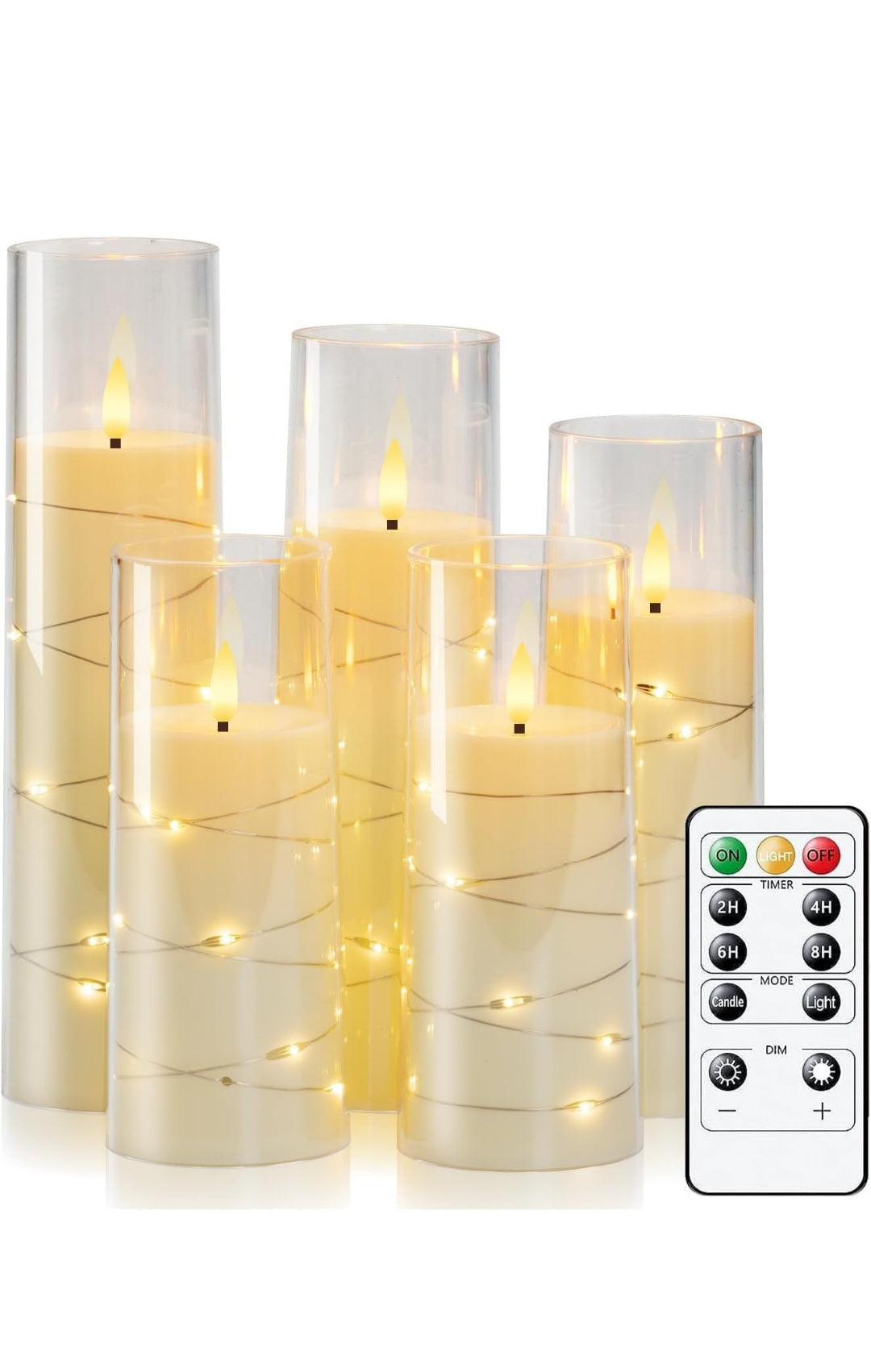 Homemory Flickering Flameless Candles with String Lights, Battery Operated Candles with Remote Control and Timer, Embedded Fairy Lights LED Candles, Acrylic, Home Decoration, Grey, Set of 5