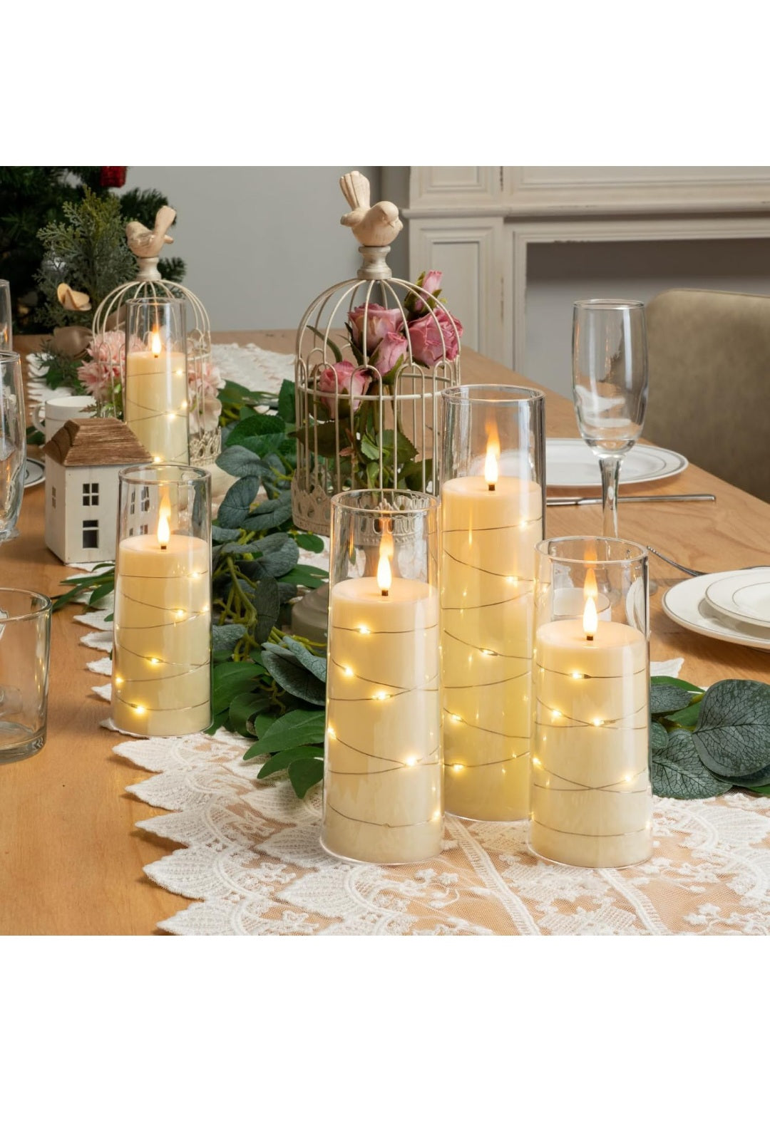 Homemory Flickering Flameless Candles with String Lights, Battery Operated Candles with Remote Control and Timer, Embedded Fairy Lights LED Candles, Acrylic, Home Decoration, Grey, Set of 5