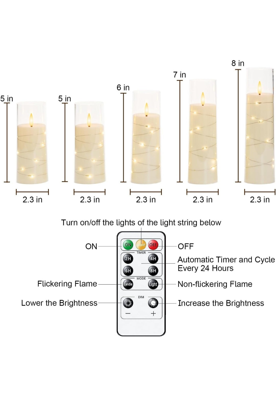 Homemory Flickering Flameless Candles with String Lights, Battery Operated Candles with Remote Control and Timer, Embedded Fairy Lights LED Candles, Acrylic, Home Decoration, Grey, Set of 5