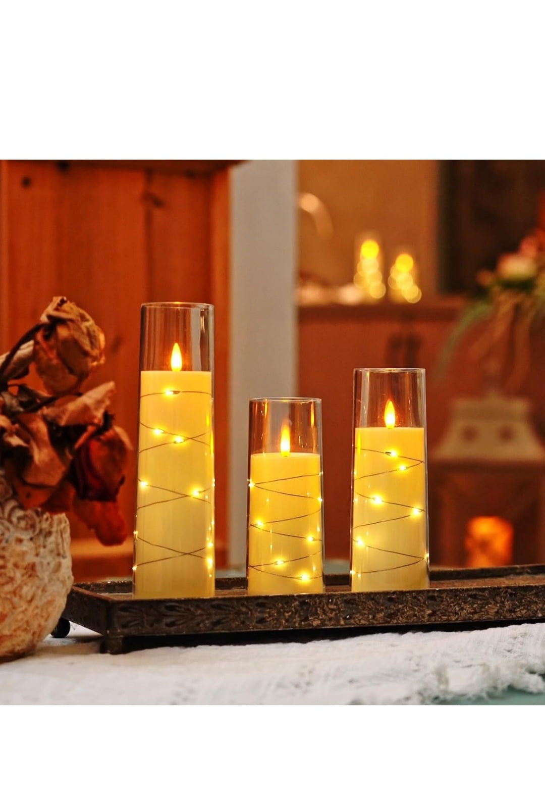 Homemory Flickering Flameless Candles with String Lights, Battery Operated Candles with Remote Control and Timer, Embedded Fairy Lights LED Candles, Acrylic, Home Decoration, Grey, Set of 5