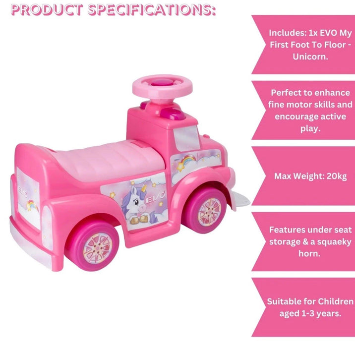 EVO My First Foot-To-Floor Unicorn Car | Ride-On Vehicle Toy for Toddlers & Kids