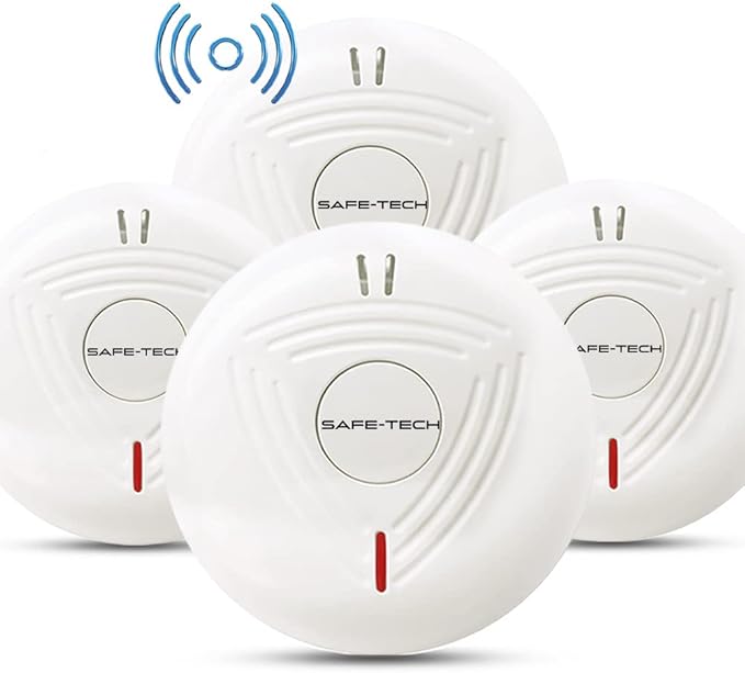 SAFE TECH Wireless Interconnected Smoke Alarm, Smoke Detector 10 Year Battery with Photoelectric Sensor, Fire Alarm with LED Indicator Low Battery and Fault Warning for House and Bedroom, 4 Pack