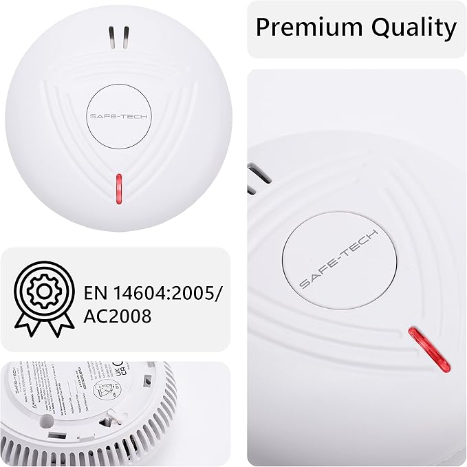 SAFE TECH Wireless Interconnected Smoke Alarm, Smoke Detector 10 Year Battery with Photoelectric Sensor, Fire Alarm with LED Indicator Low Battery and Fault Warning for House and Bedroom, 4 Pack