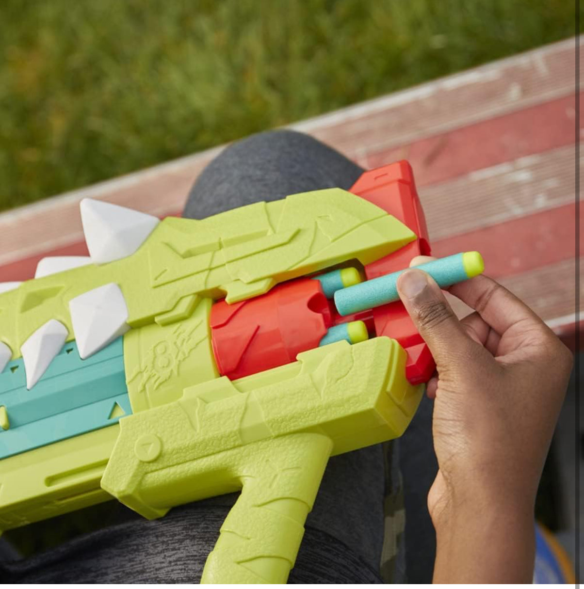 Nerf DinoSquad Armorstrike Dart Blaster, 8-Dart Rotating Drum, Drop Grip, 16 Nerf Elite Darts, Anklyosaurus Dinosaur Design