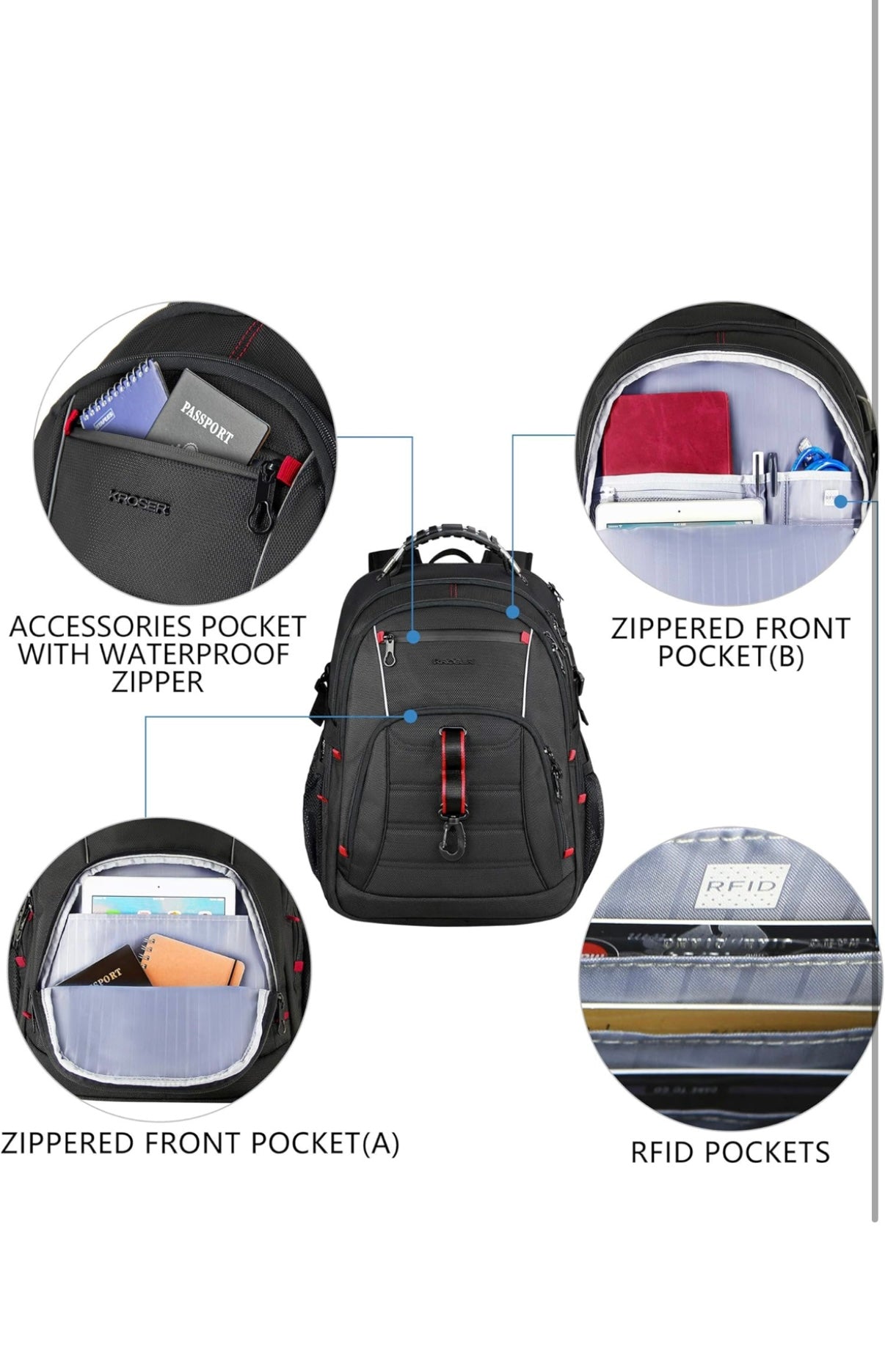 KROSER Travel Laptop Backpack 17.3 inch XL Computer Backpack Stylish College Backpack with RFID Pockets USB Charging Port REFLECTIVE STRIPS Water-Repellent Day pack for Business/Men