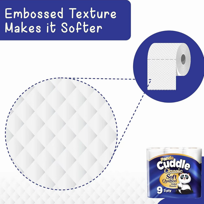 Panda Cuddle 3-Ply Soft Quilted Unscented Toilet Rolls - Unscented Toilet Rolls - Premium Bathroom Toilet Rolls for Luxurious Comfort and Hygiene (Packs of 9) 64 packs on a pallet