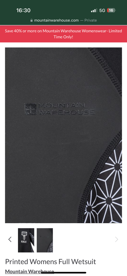 Mountain Warehouse Women's printed black 2.5mm Thickness Full Wetsuit - UPF 50+, Contour Fit, Adjustable Neck, Rubber Panel for Improved Grip - Long Sleeve Spring Summer Wet Suit for Bodyboarding & Surfing